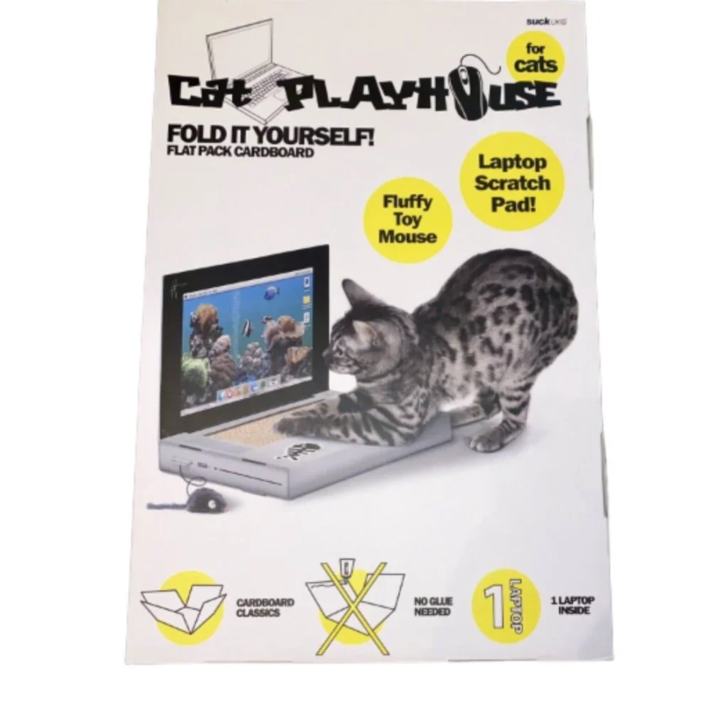 Cat Playhouse Cardboard Laptop Scratcher Pad with Fluffy Toy Mouse